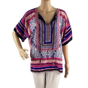 Trina Turk Floria Tunic Silk Boho Print V-Neck Top Pink Blue Size M